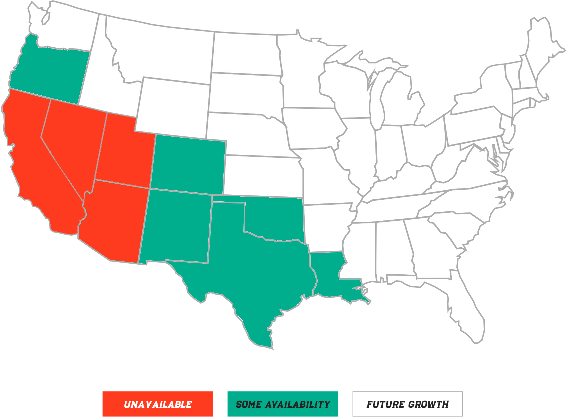 Map indicating the states of CA, NV, UT, AZ are unavailable, and OR, CO, NM, OK, TX, LA are available for new franchise restaurants.