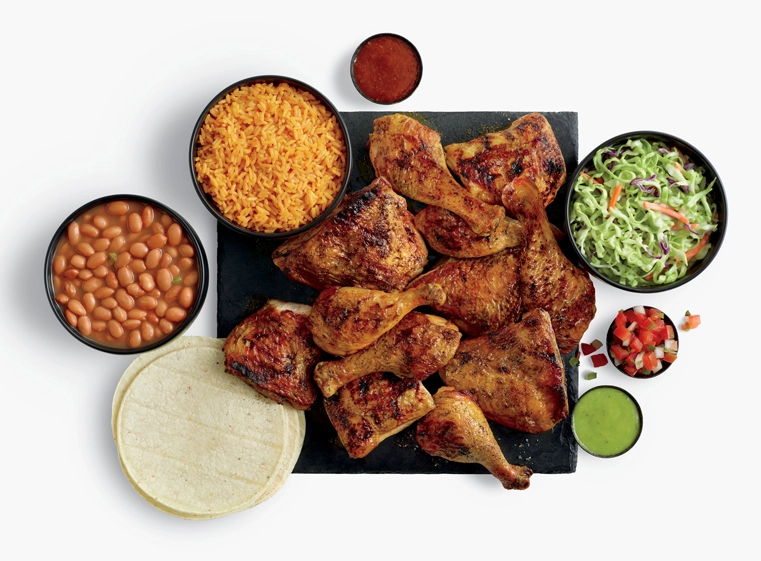 16-piece chicken meal with three sides, tortillas, and salsas