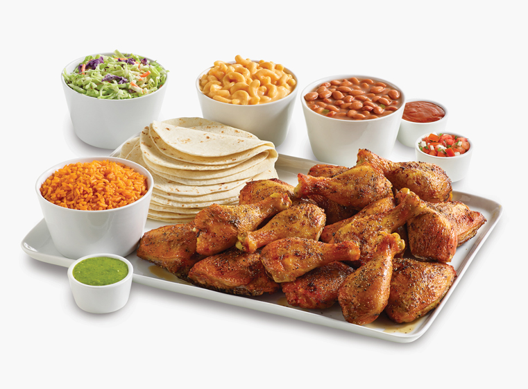 16-piece chicken meal with four sides, tortillas, and salsas