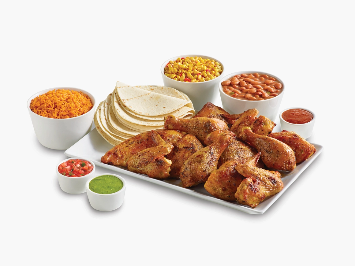 12-piece chicken meal with three sides, tortillas, and salsas