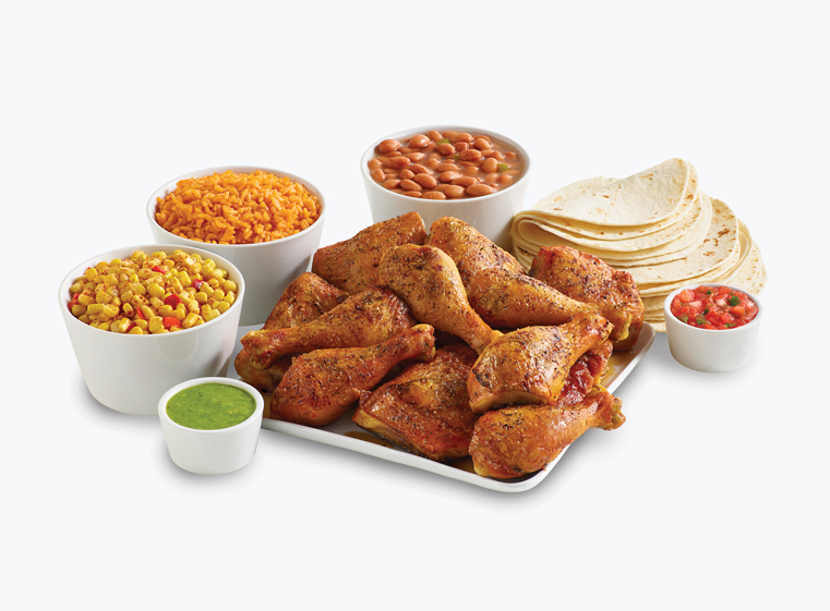 12-piece chicken meal with three sides, tortillas, and salsas