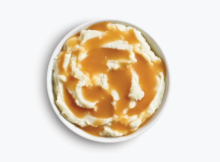 Bowl of mashed potatoes and gravy