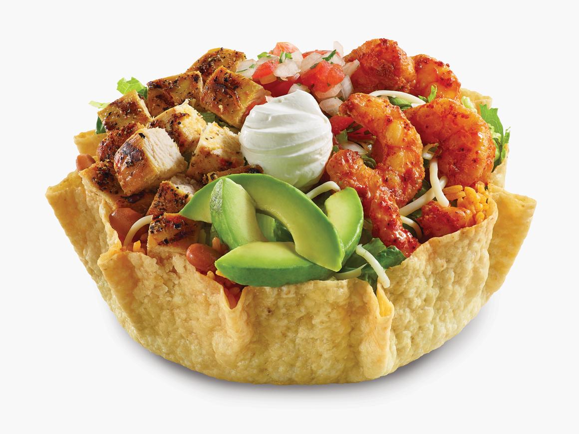 Chicken and Shrimp Tostada Salad in fried tostada shell