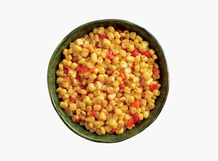 Bowl of cut corn and diced red peppers