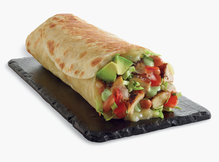 Chicken Avocado Burrito grilled and displaying ingredients