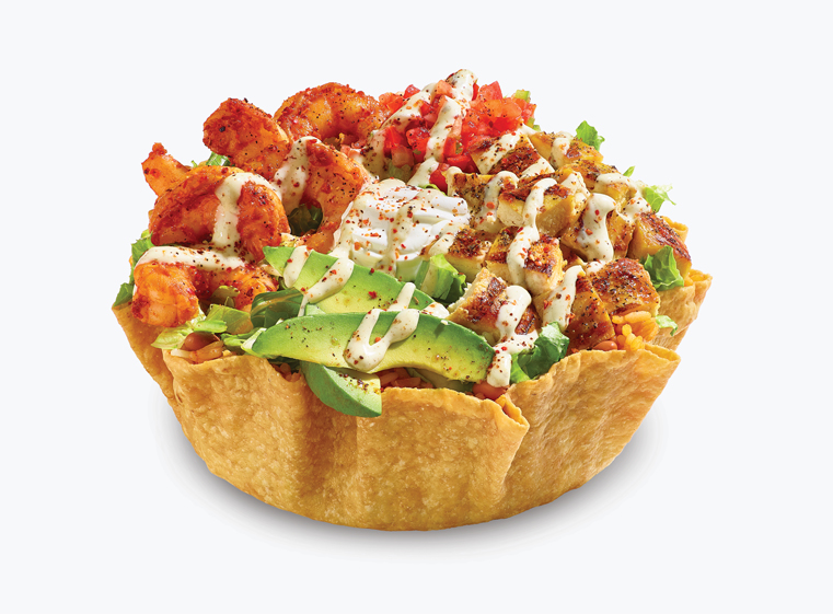 one baja chicken and shrimp tostada