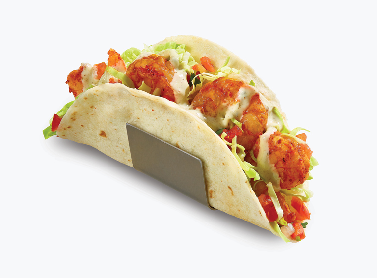 One baja shrimp taco in a metal taco stand