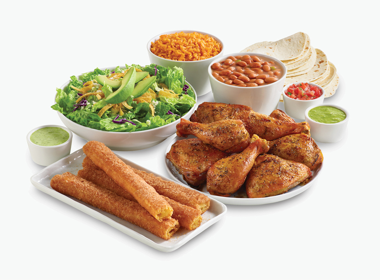 8PC Family Feast with a side of salad, rice, beans, tortillas, three salsas, and four churros.