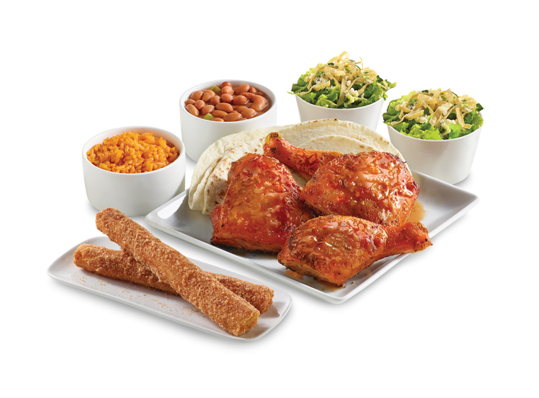 mango habanero chicken with a side of rice and beans, two salads, and two churros