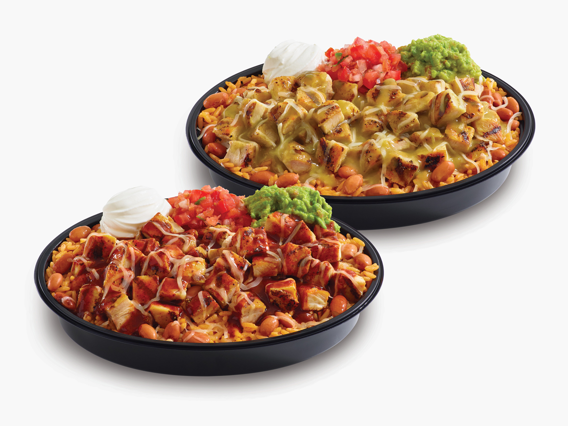 A Red Chile Cheesy Enchilada Double Chicken Bowl and Green Chile Cheesy Enchilada Double Chicken Bowl